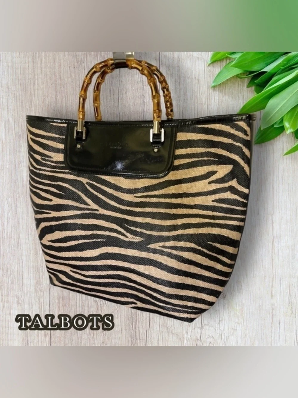 TALBOTS WOVEN BEACH BAG  Zebra Straw Tan Black Classy Tote 920188624